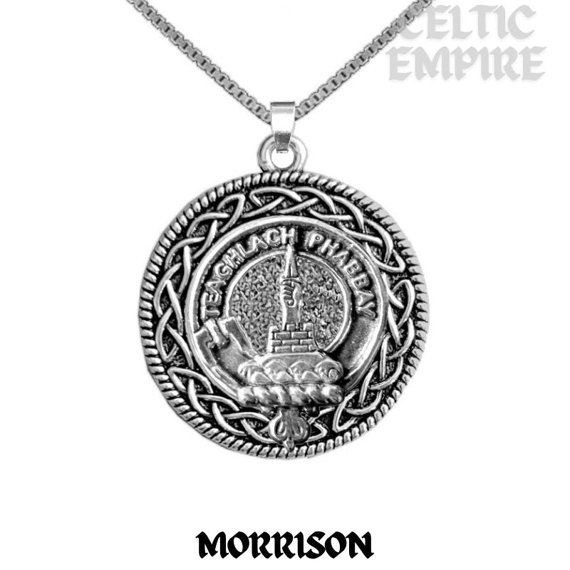 Morrison Family Clan Crest Celtic Interlace Disk Pendant, Scottish Family Crest