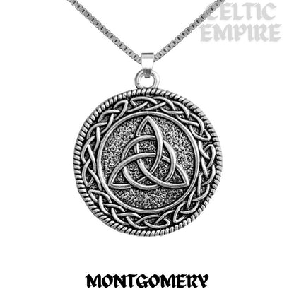 Montgomery Family Clan Crest Celtic Interlace Disk Pendant, Scottish Family Crest