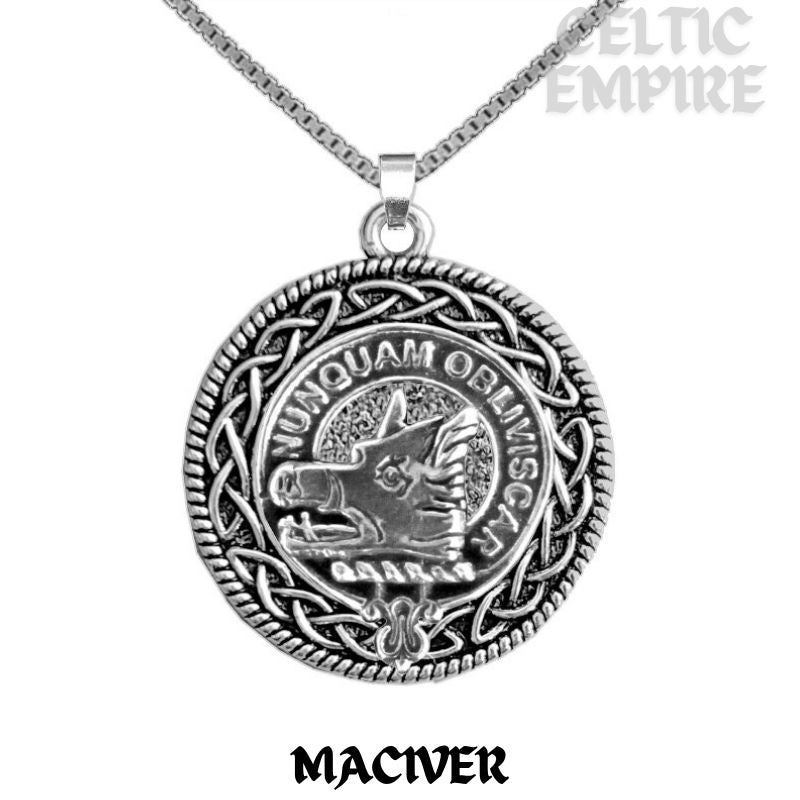 MacIver Family Clan Crest Celtic Interlace Disk Pendant, Scottish Family Crest