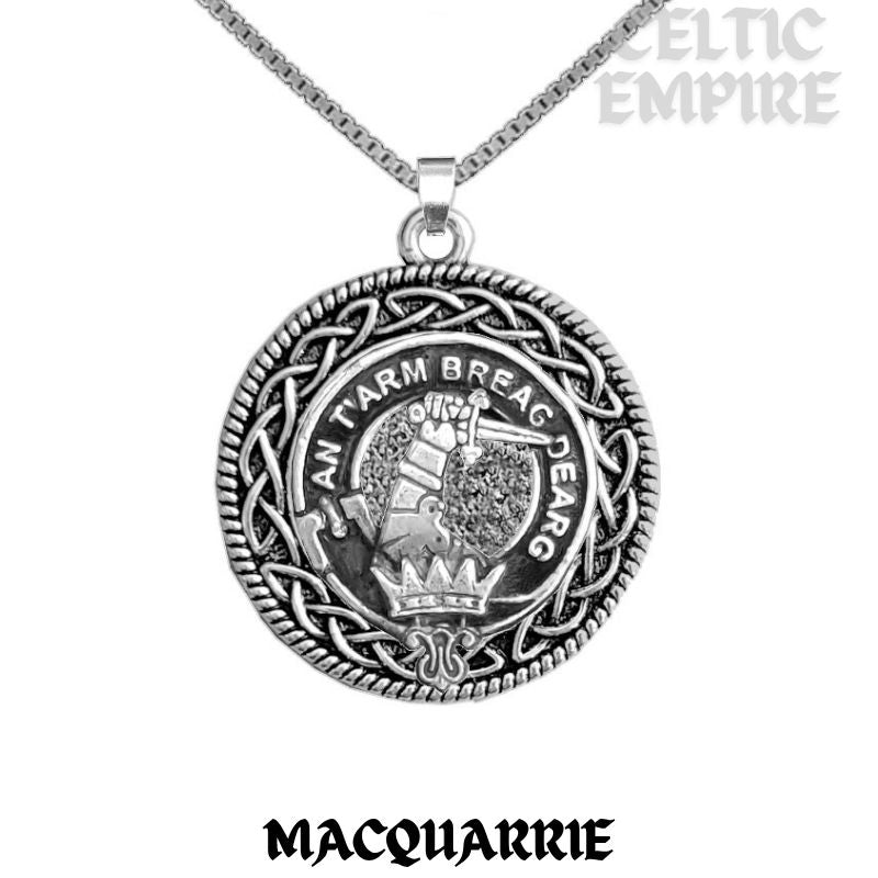 MacQuarrie Family Clan Crest Celtic Interlace Disk Pendant, Scottish Family Crest