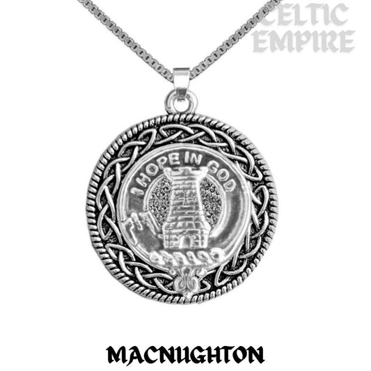 MacNaughton Family Clan Crest Celtic Interlace Disk Pendant, Scottish Family Crest