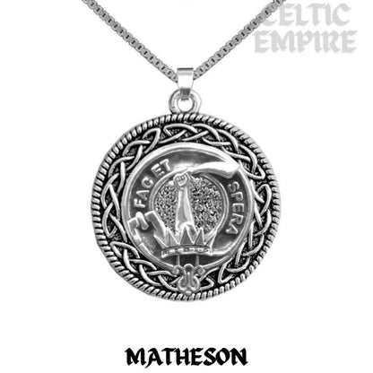 Matheson Family Clan Crest Celtic Interlace Disk Pendant, Scottish Family Crest