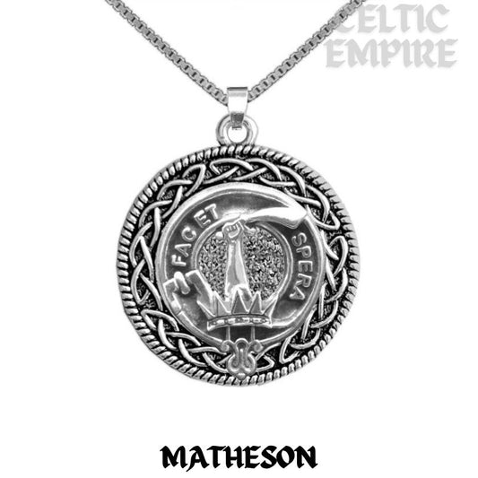 Matheson Family Clan Crest Celtic Interlace Disk Pendant, Scottish Family Crest