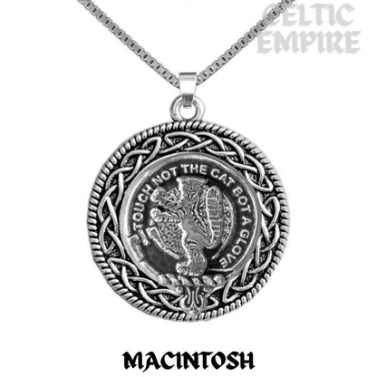 MacIntosh Family Clan Crest Celtic Interlace Disk Pendant, Scottish Family Crest
