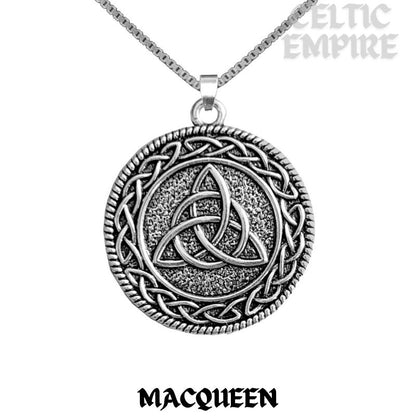 MacQueen Family Clan Crest Celtic Interlace Disk Pendant, Scottish Family Crest