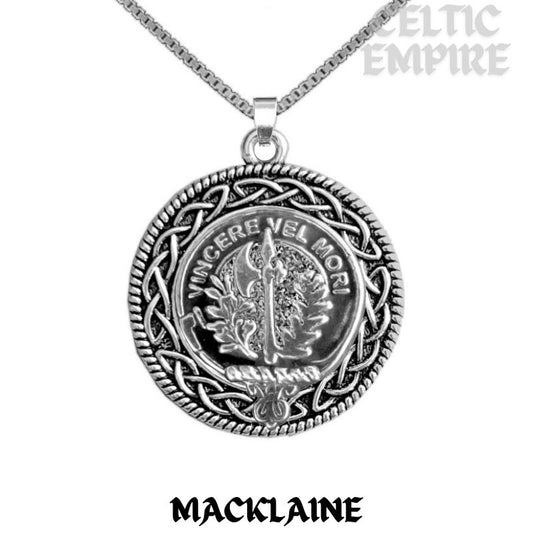 MacLaine Family Clan Crest Celtic Interlace Disk Pendant, Scottish Family Crest