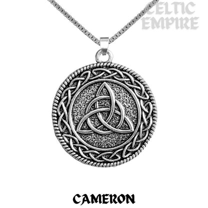 Cameron Family Clan Crest Celtic Interlace Disk Pendant, Scottish Family Crest