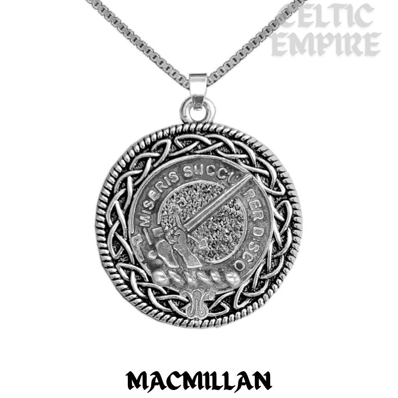 MacMillan Family Clan Crest Celtic Interlace Disk Pendant, Scottish Family Crest