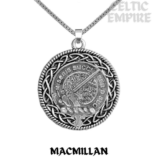 MacMillan Family Clan Crest Celtic Interlace Disk Pendant, Scottish Family Crest
