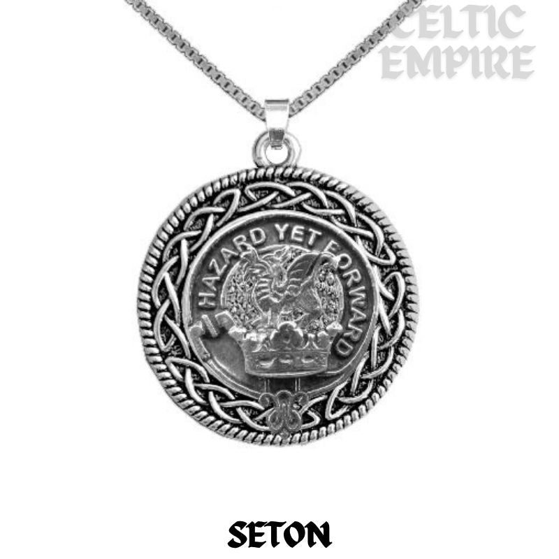 Seton Family Clan Crest Celtic Interlace Disk Pendant, Scottish Family Crest
