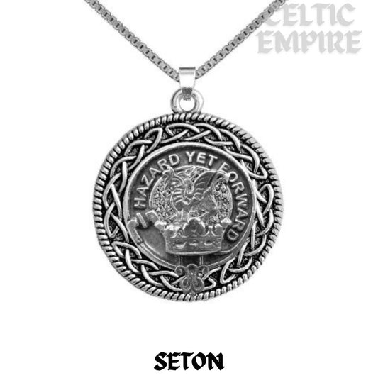 Seton Family Clan Crest Celtic Interlace Disk Pendant, Scottish Family Crest