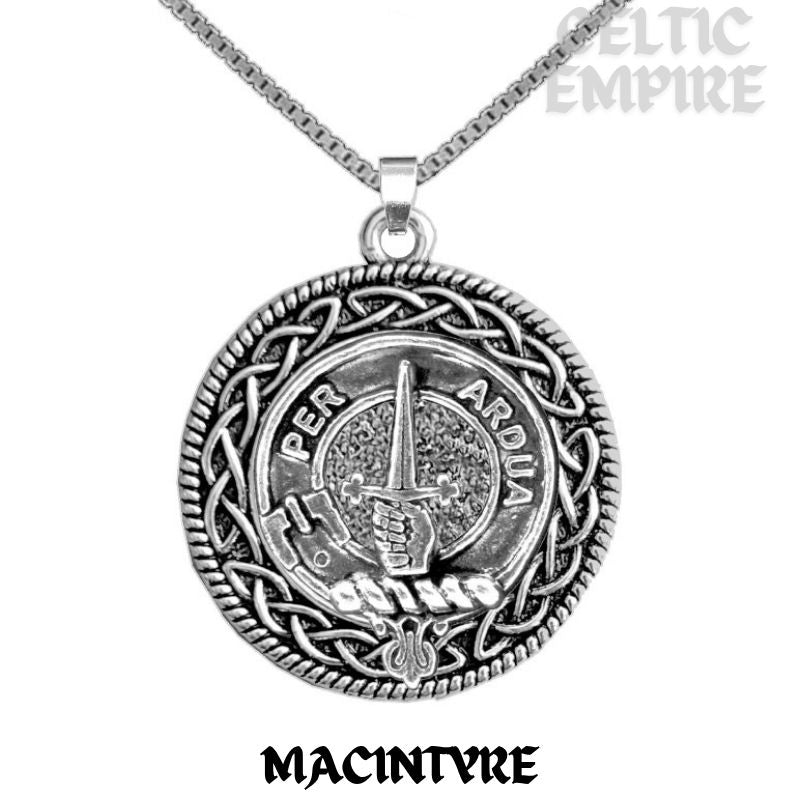 MacIntyre Family Clan Crest Celtic Interlace Disk Pendant, Scottish Family Crest