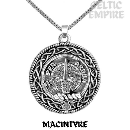 MacIntyre Family Clan Crest Celtic Interlace Disk Pendant, Scottish Family Crest