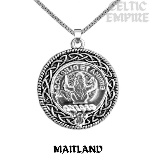 Maitland Family Clan Crest Celtic Interlace Disk Pendant, Scottish Family Crest