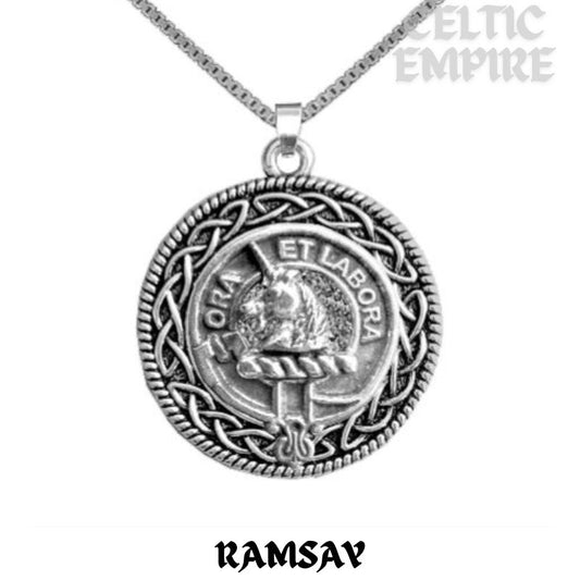 Ramsay Family Clan Crest Celtic Interlace Disk Pendant, Scottish Family Crest