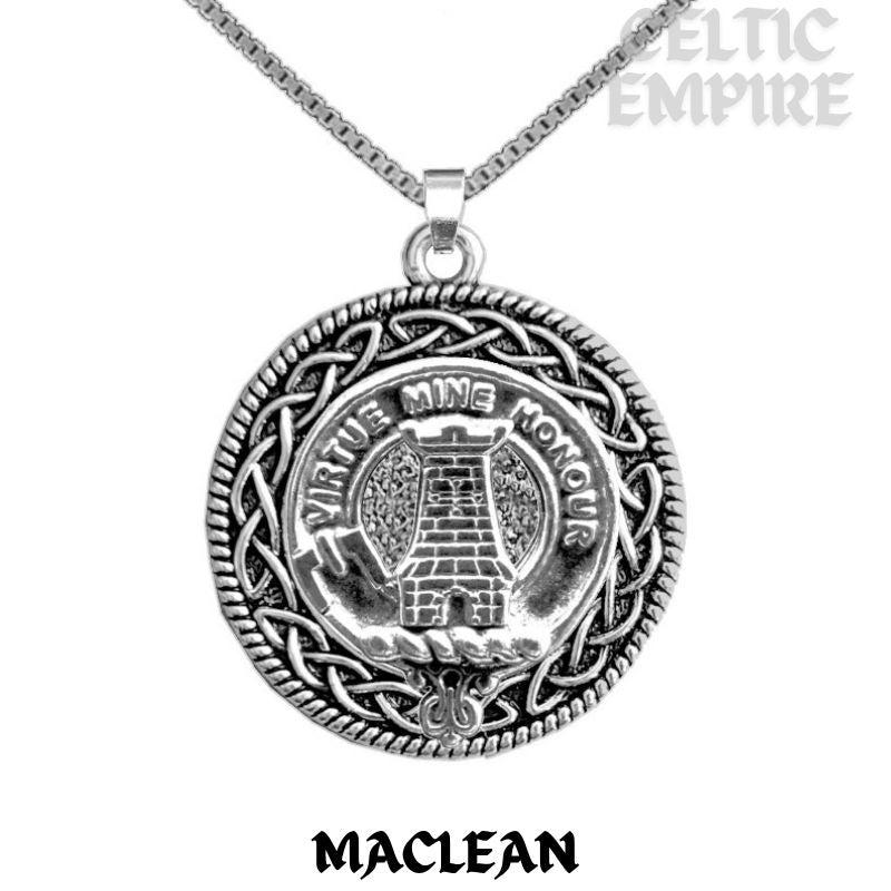 MacLean Family Clan Crest Celtic Interlace Disk Pendant, Scottish Family Crest