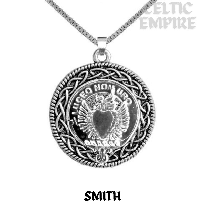 Smith Family Clan Crest Celtic Interlace Disk Pendant, Scottish Family Crest