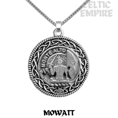 Mowatt Family Clan Crest Celtic Interlace Disk Pendant, Scottish Family Crest