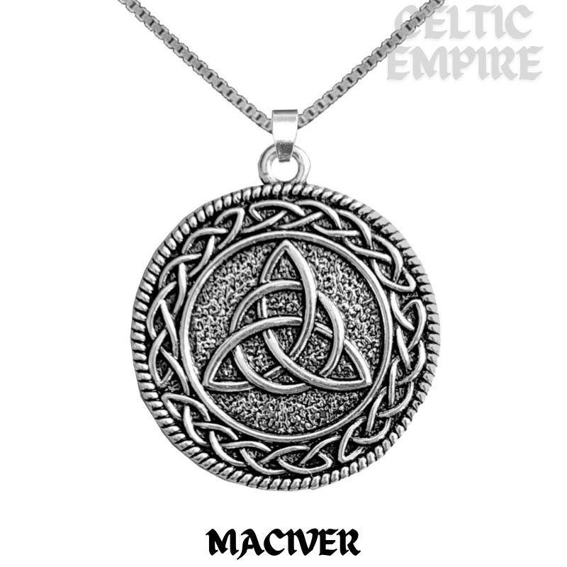 MacIver Family Clan Crest Celtic Interlace Disk Pendant, Scottish Family Crest
