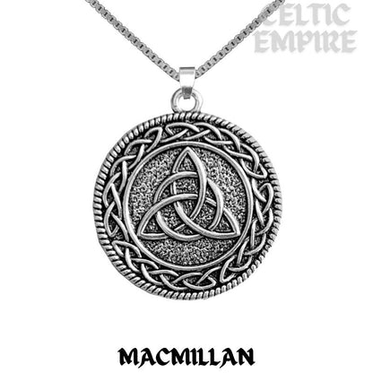 MacMillan Family Clan Crest Celtic Interlace Disk Pendant, Scottish Family Crest