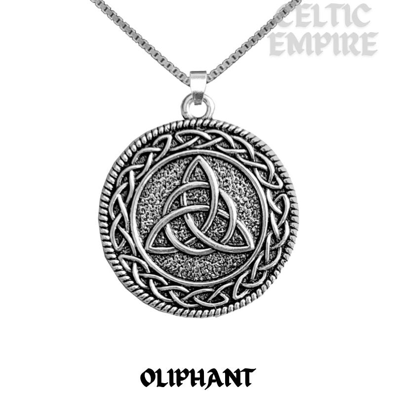 Oliphant Family Clan Crest Celtic Interlace Disk Pendant, Scottish Family Crest