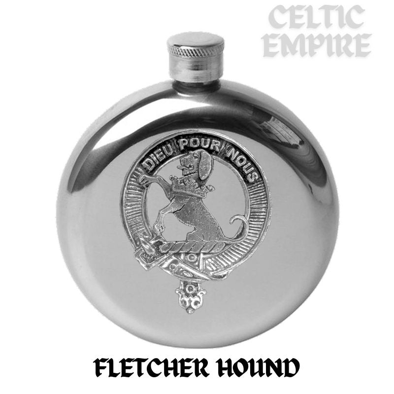 Fletcher (Hound) Round Family Clan Crest Scottish Badge Flask 5oz