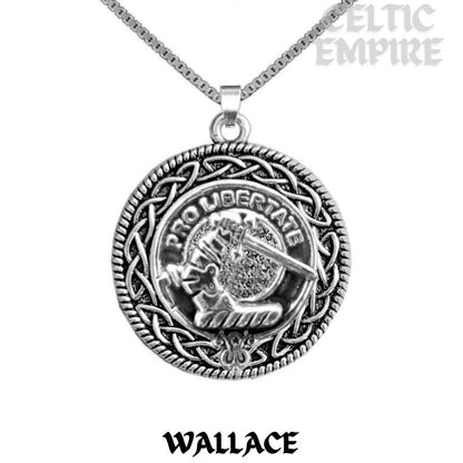 Wallace Family Clan Crest Celtic Interlace Disk Pendant, Scottish Family Crest