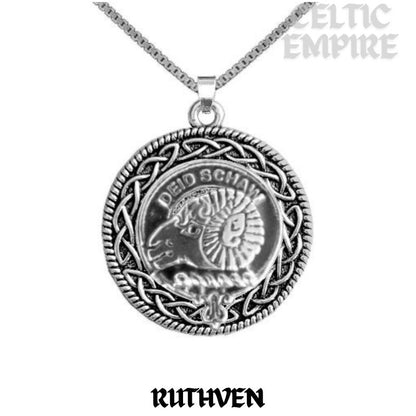 Ruthven Clan Crest Celtic Interlace Disk Pendant, Scottish Family Crest