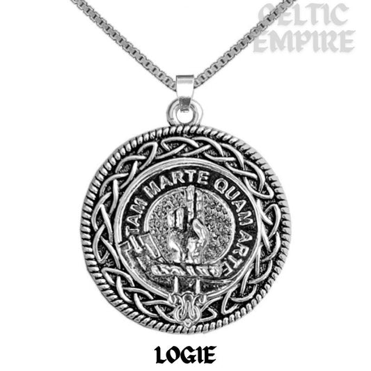 Logie Family Clan Crest Celtic Interlace Disk Pendant, Scottish Family Crest