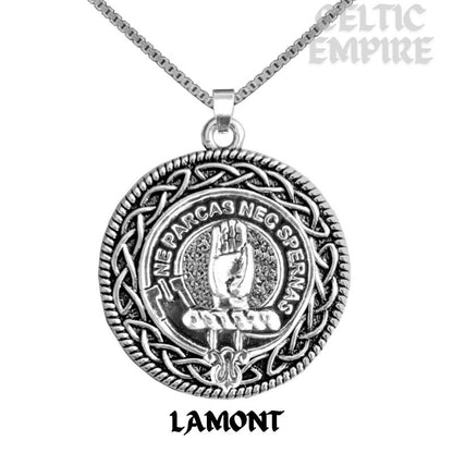 Lamont Family Clan Crest Celtic Interlace Disk Pendant, Scottish Family Crest