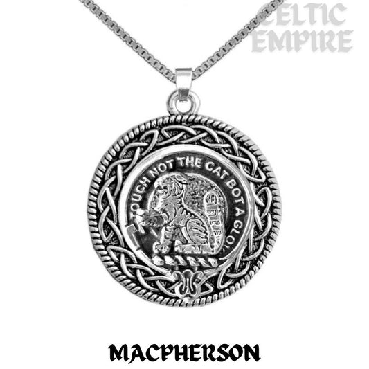 MacPherson Family Clan Crest Celtic Interlace Disk Pendant, Scottish Family Crest