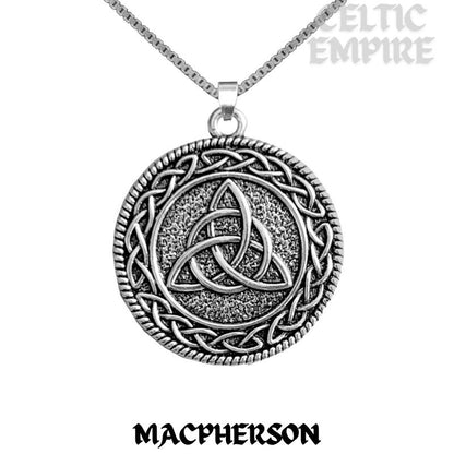 MacPherson Family Clan Crest Celtic Interlace Disk Pendant, Scottish Family Crest