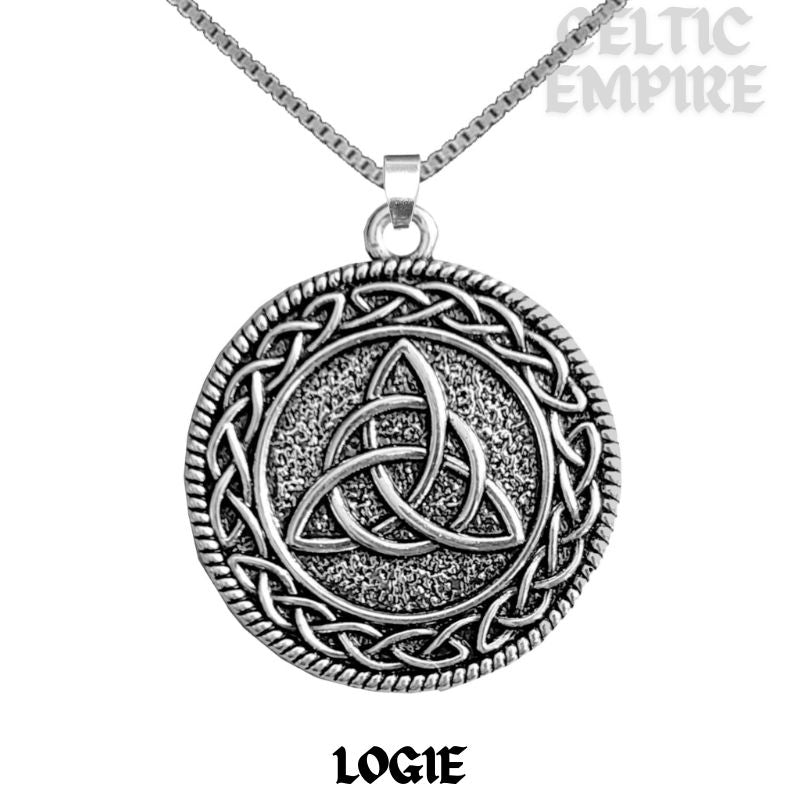 Logie Family Clan Crest Celtic Interlace Disk Pendant, Scottish Family Crest