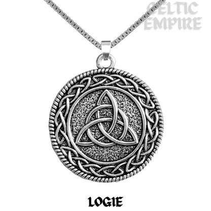 Logie Family Clan Crest Celtic Interlace Disk Pendant, Scottish Family Crest