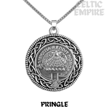 Pringle Family Clan Crest Celtic Interlace Disk Pendant, Scottish Family Crest