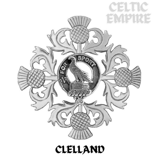 Clelland Family Clan Crest Scottish Four Thistle Brooch