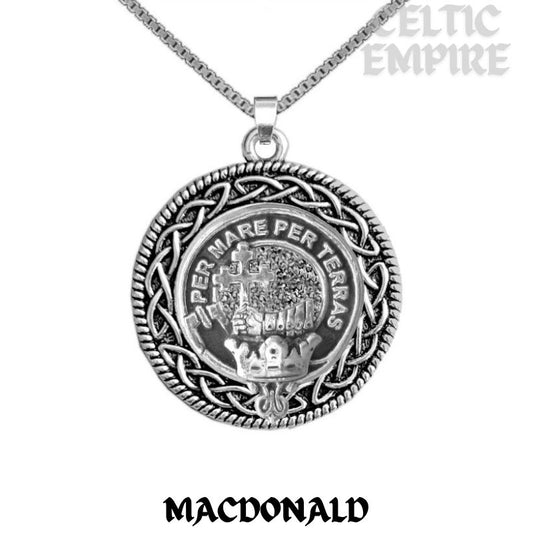 MacDonald Family Clan Crest Celtic Interlace Disk Pendant, Scottish Family Crest