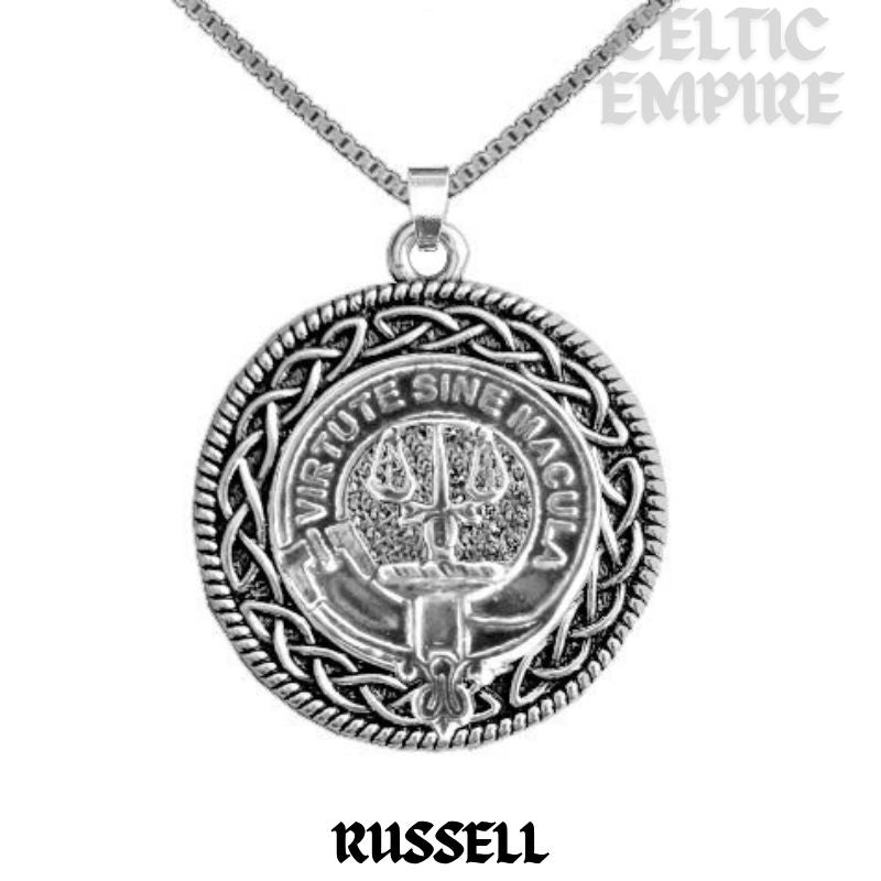 Russell Family Clan Crest Celtic Interlace Disk Pendant, Scottish Family Crest