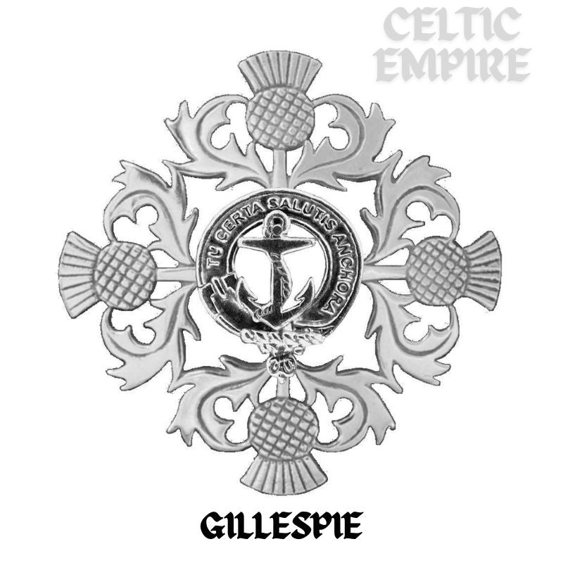 Gillespie Family Clan Crest Scottish Four Thistle Brooch