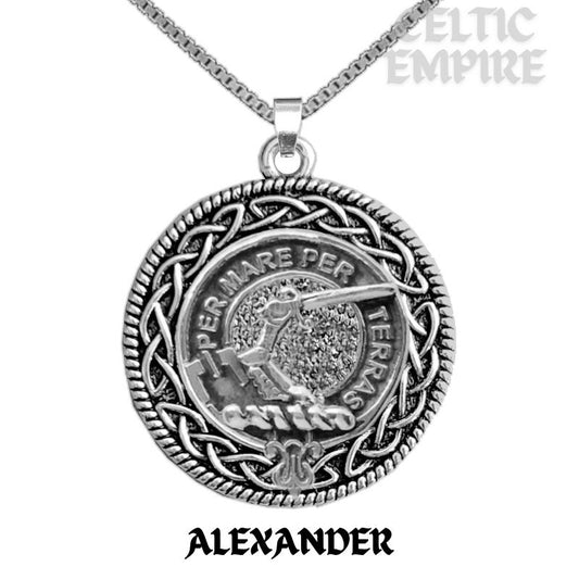 Alexander Family Clan Crest Celtic Interlace Disk Pendant, Scottish Family Crest