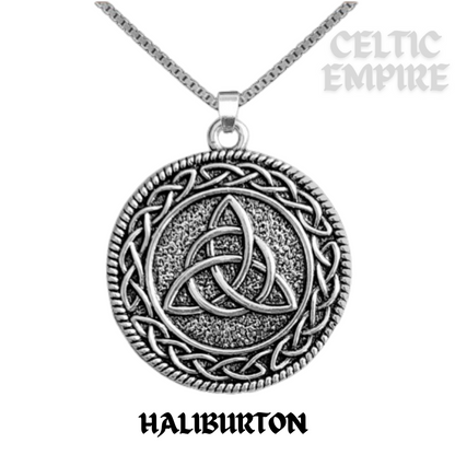 Haliburton Family Clan Crest Celtic Interlace Disk Pendant, Scottish Family Crest