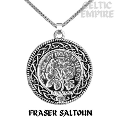 Fraser Saltoun Family Clan Crest Celtic Interlace Disk Pendant, Scottish Family Crest