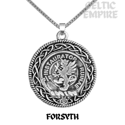 Forsyth Family Clan Crest Celtic Interlace Disk Pendant, Scottish Family Crest