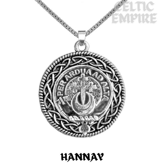Hannay Family Clan Crest Celtic Interlace Disk Pendant, Scottish Family Crest