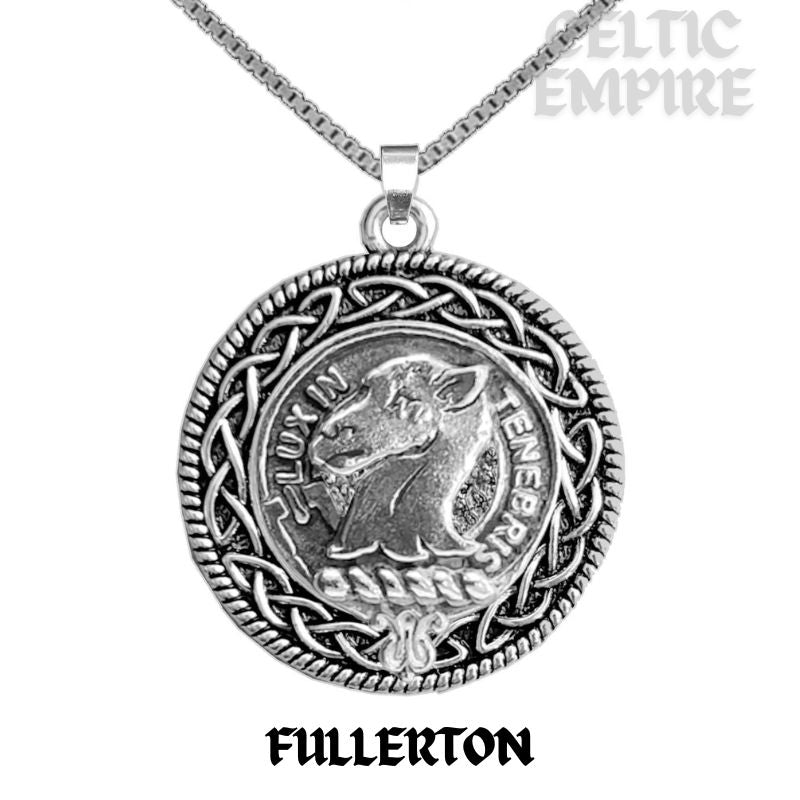 Fullerton Family Clan Crest Celtic Interlace Disk Pendant, Scottish Family Crest