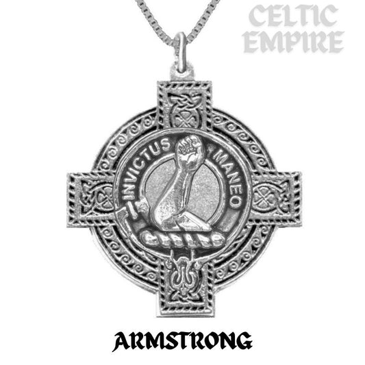 Armstrong Family Clan Crest Celtic Cross Pendant - Sterling Silver
