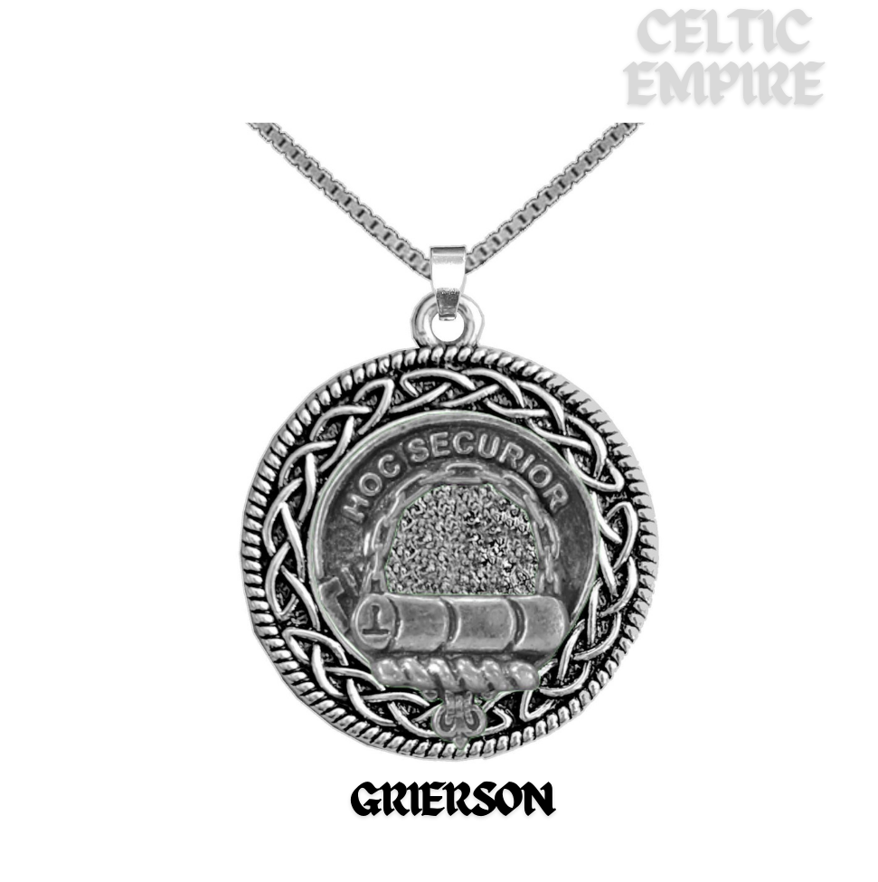 Grierson Family Clan Crest Celtic Interlace Disk Pendant, Scottish Family Crest