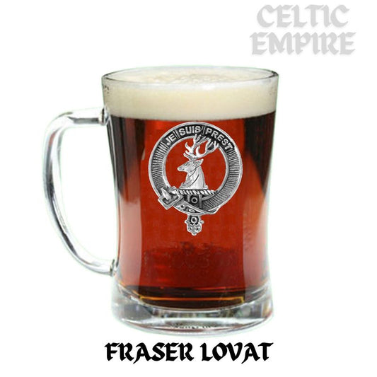 Fraser Lovat Family Crest Badge Beer Mug, Scottish Glass Tankard