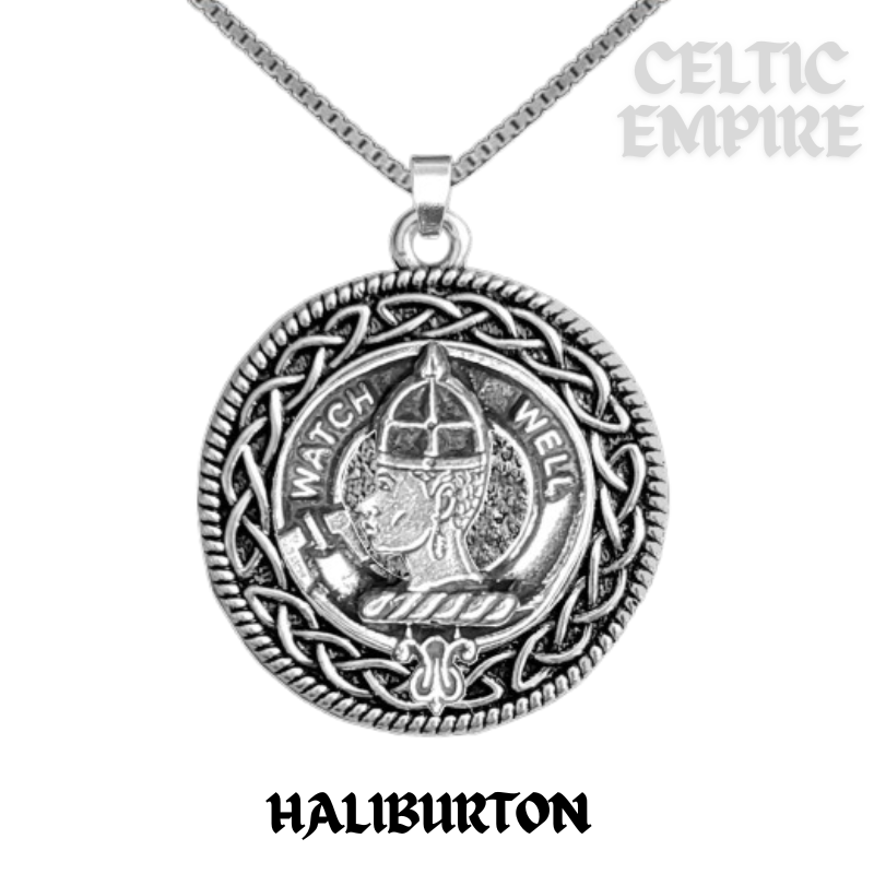 Haliburton Family Clan Crest Celtic Interlace Disk Pendant, Scottish Family Crest