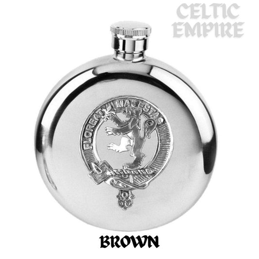 Brown Round Scottish Family Clan Crest Badge Stainless Steel Flask 5oz